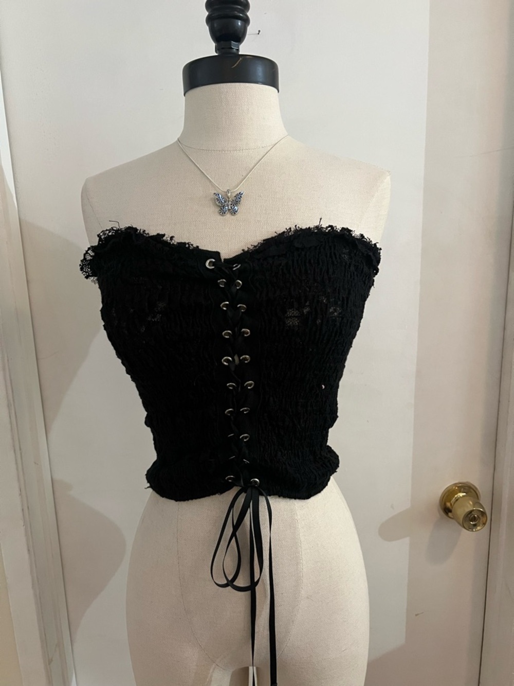 Zara Black Lace-Up Strapless Smocked Corset Top